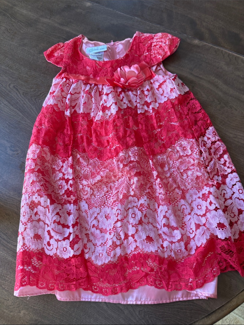 Bonnie Jean Pink and Hot Pink Lace Floral Party Dress with Flower Accent